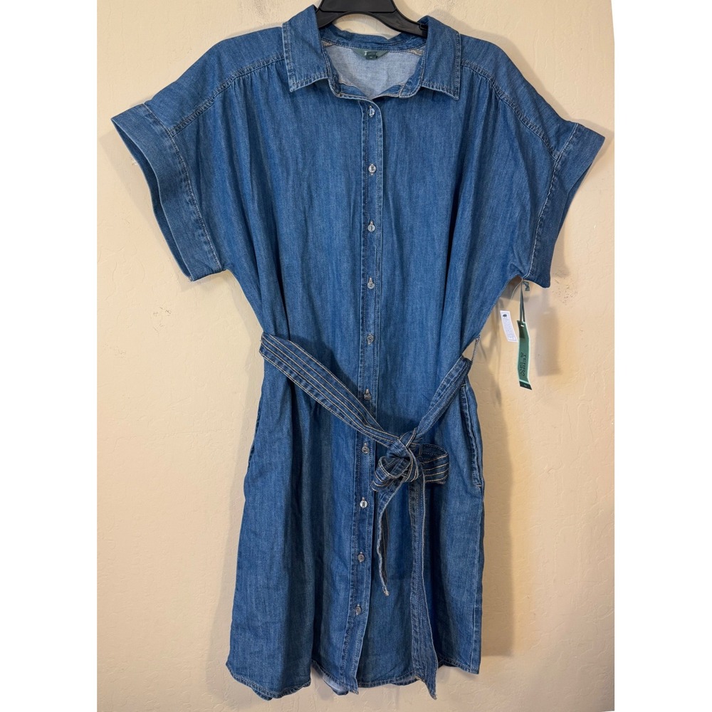 Terra & Sky Shirt Dress Women 2X Blue Denim Short Sleeve Belted Relaxed NEW